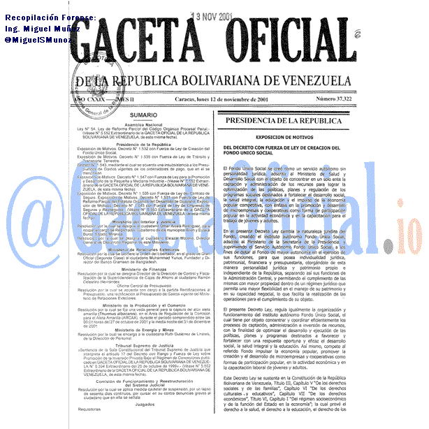 Gaceta Oficial 37322 del 12 Noviembre 2001