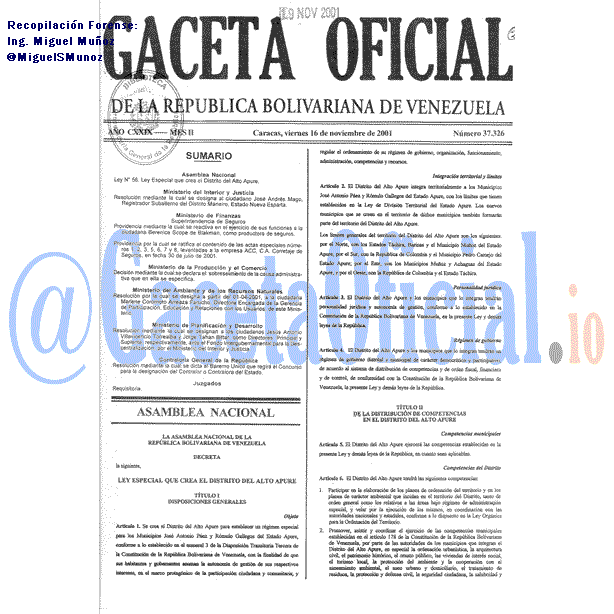 Gaceta Oficial 37326 del 16 Noviembre 2001