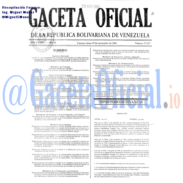 Gaceta Oficial 37327 del 19 Noviembre 2001