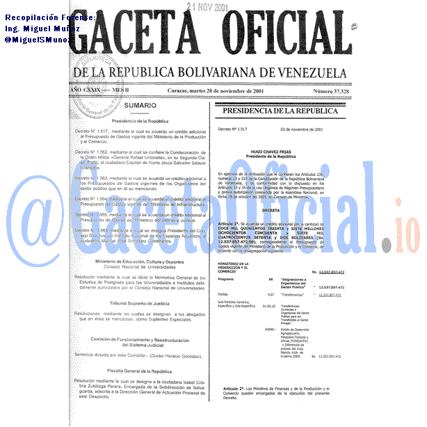 Gaceta Oficial 37328 del 20 Noviembre 2001