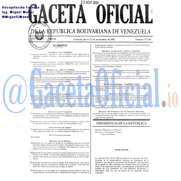 Gaceta Oficial 37330 del 22 Noviembre 2001