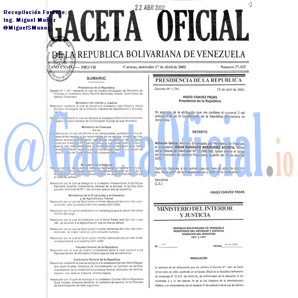 Gaceta Oficial 37425 del 17 Abril 2002