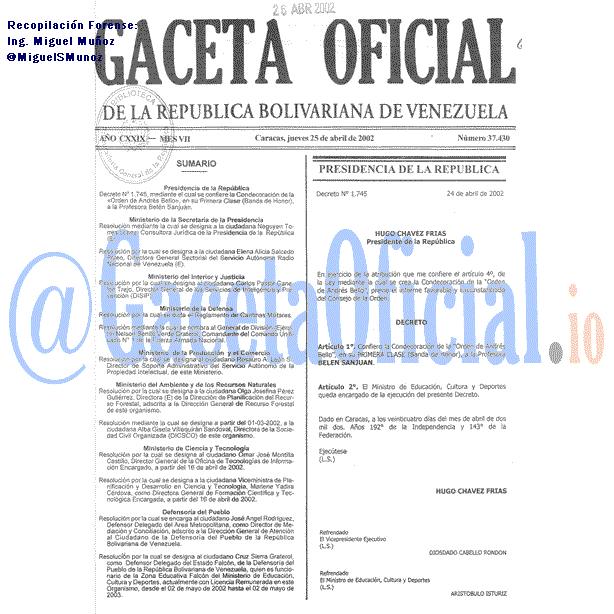 Gaceta Oficial 37430 del 25 Abril 2002