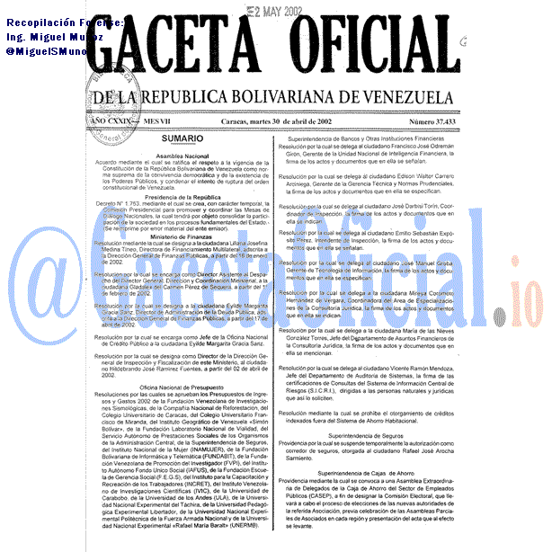 Gaceta Oficial 37433 del 30 Abril 2002