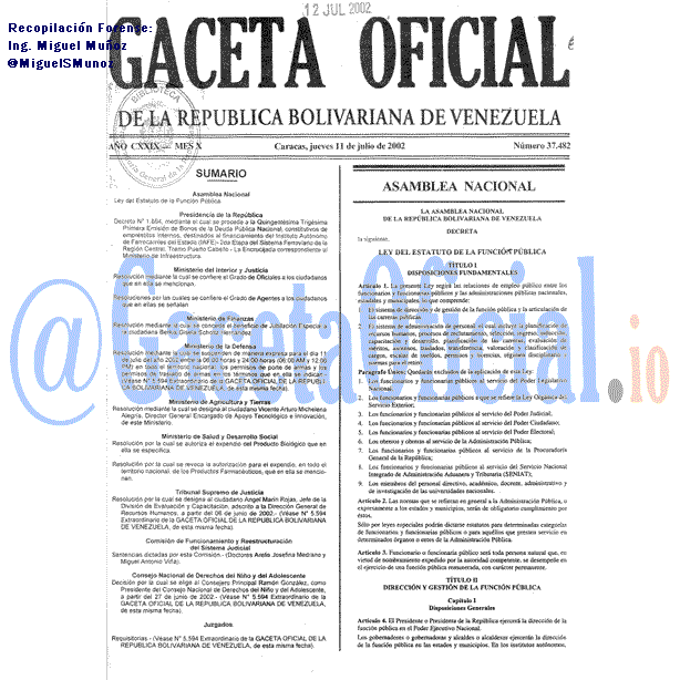 Gaceta Oficial 37482 del 11 Julio 2002