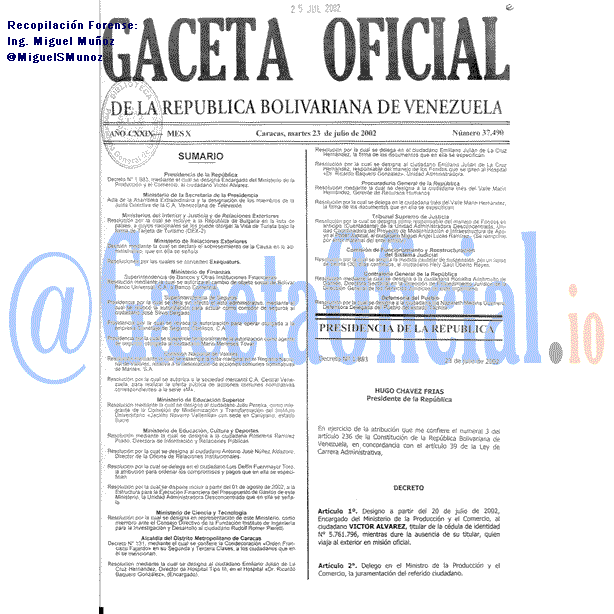 Gaceta Oficial 37490 del 23 Julio 2002