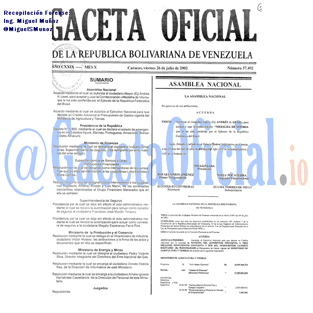 Gaceta Oficial 37492 del 26 Julio 2002