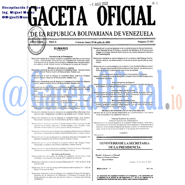Gaceta Oficial 37493 del 29 Julio 2002