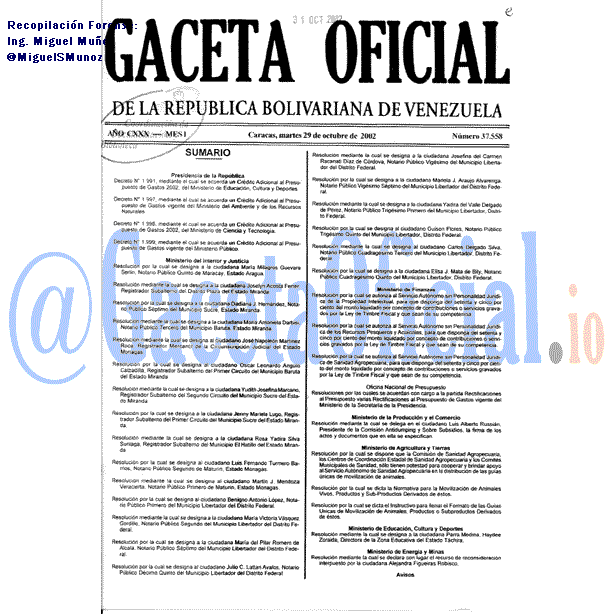 Gaceta Oficial 37558 del 29 Octubre 2002