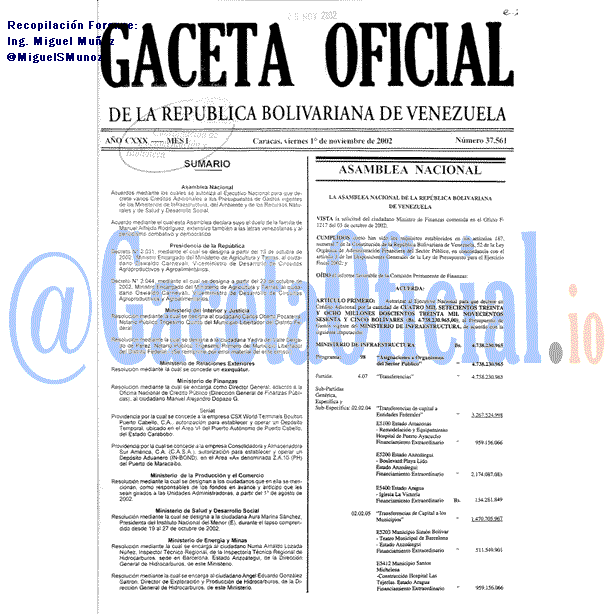 Gaceta Oficial 37561 del 1 Noviembre 2002