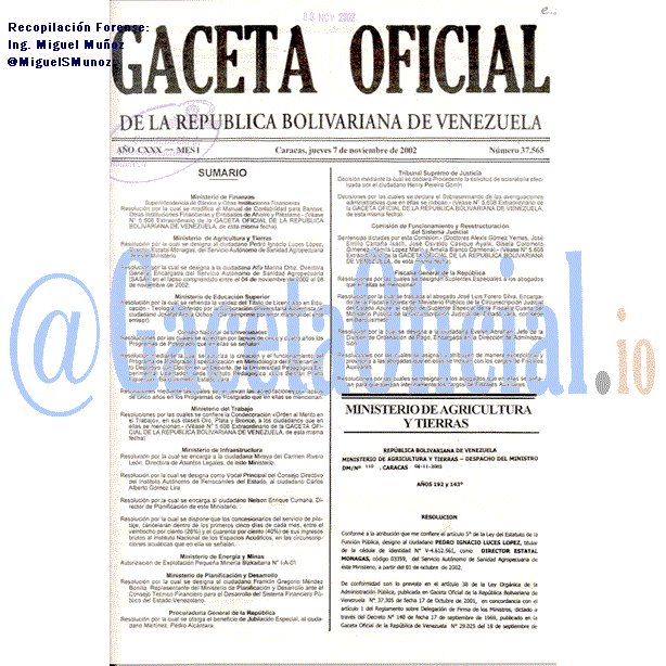 Gaceta Oficial 37565 del 7 Noviembre 2002