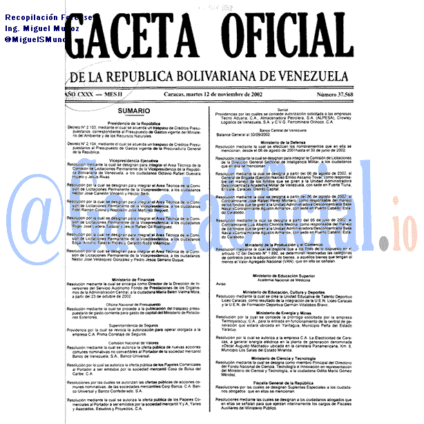 Gaceta Oficial 37568 del 12 Noviembre 2002