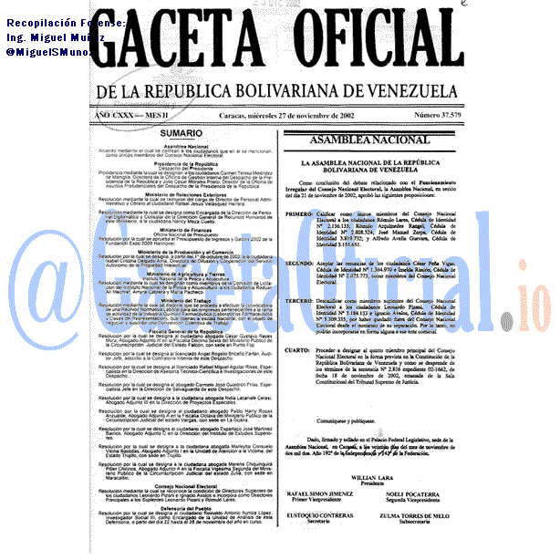 Gaceta Oficial 37579 del 27 Noviembre 2002