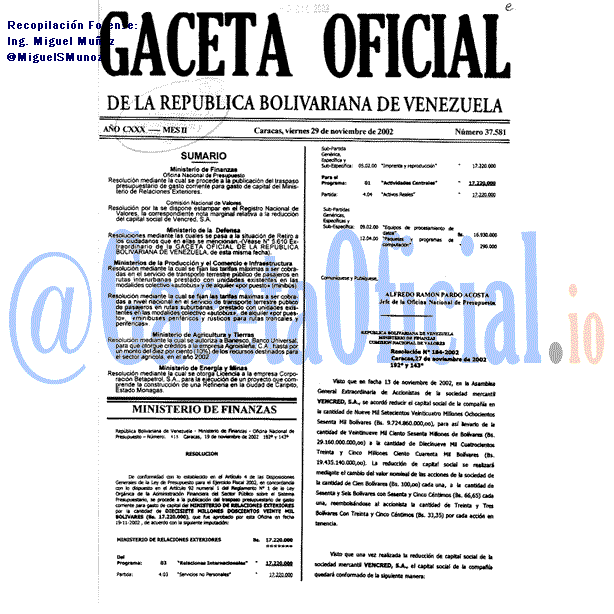 Gaceta Oficial 37581 del 29 Noviembre 2002