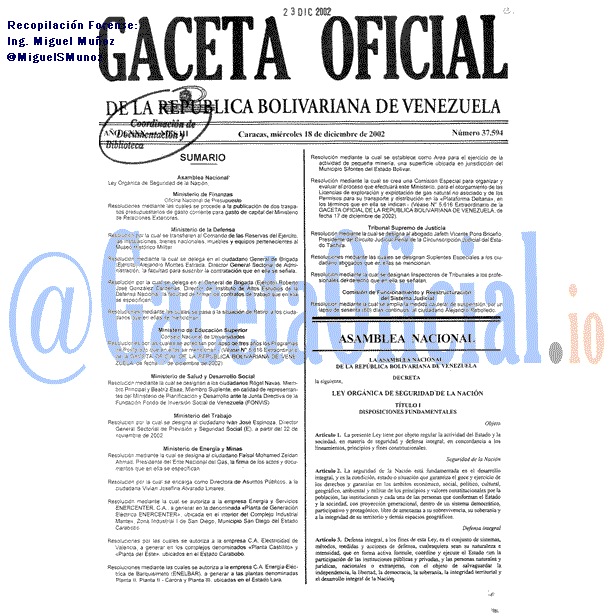Gaceta Oficial 37594 del 18 Diciembre 2002