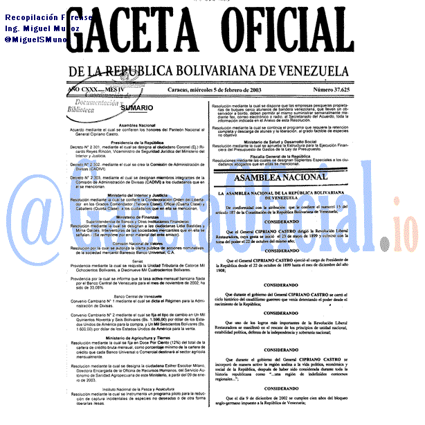 Gaceta Oficial 37625 del 5 Febrero 2003