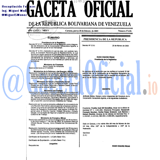 Gaceta Oficial 37636 del 20 Febrero 2003