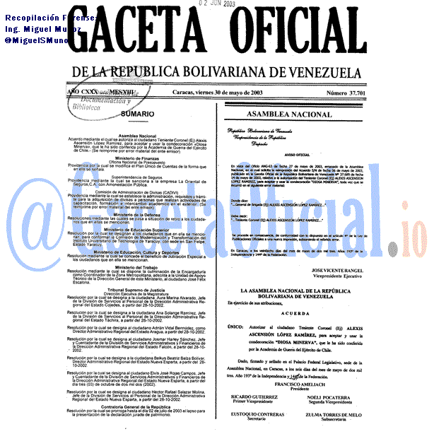 Gaceta Oficial 37701 del 30 Mayo 2003