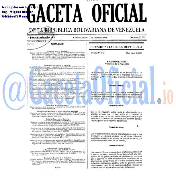 Gaceta Oficial 37702 del 2 Junio 2003