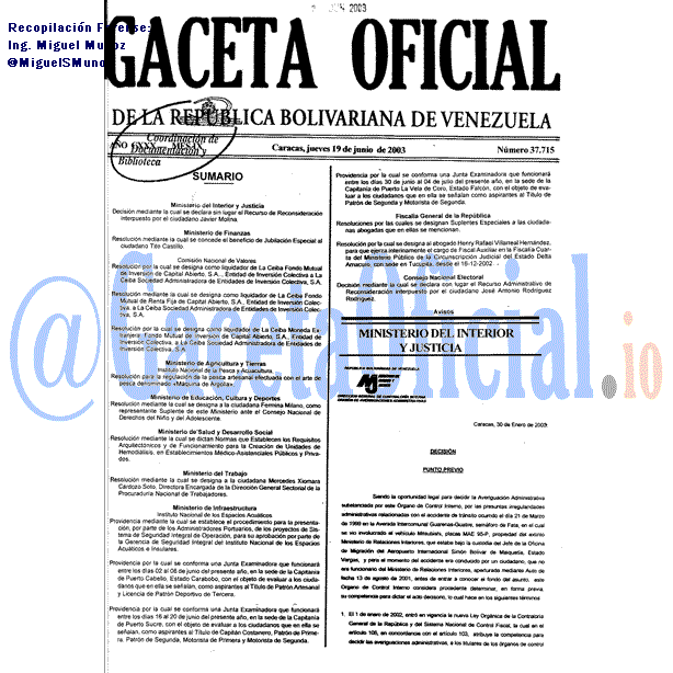 Gaceta Oficial 37715 del 19 Junio 2003