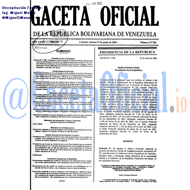 Gaceta Oficial 37720 del 27 Junio 2003