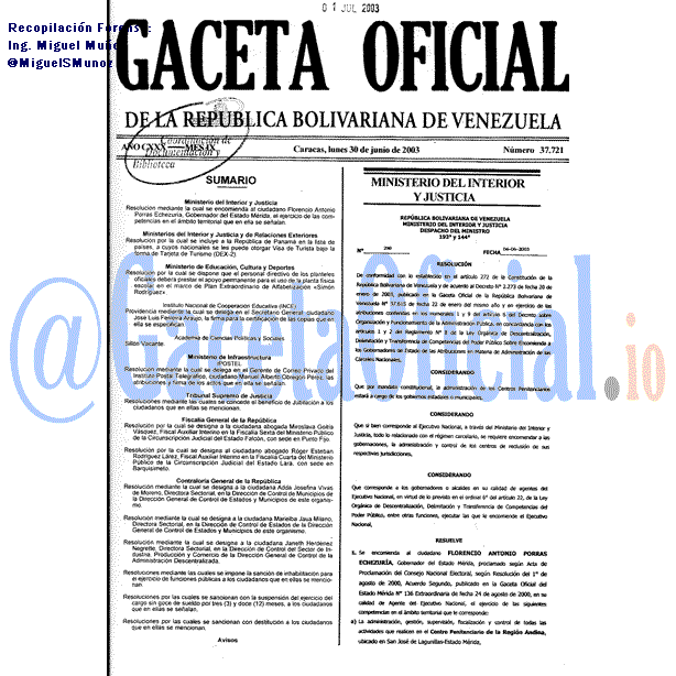 Gaceta Oficial 37721 del 30 Junio 2003