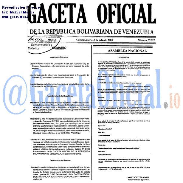 Gaceta Oficial 37727 del 8 Julio 2003