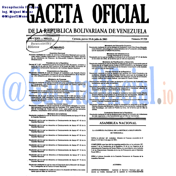 Gaceta Oficial 37729 del 10 Julio 2003