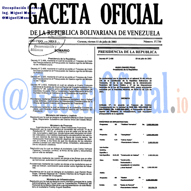Gaceta Oficial 37730 del 11 Julio 2003