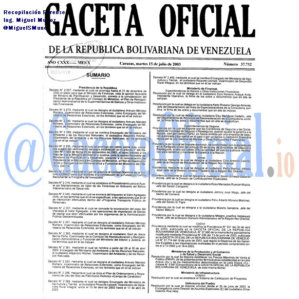 Gaceta Oficial 37732 del 15 Julio 2003