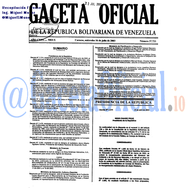 Gaceta Oficial 37733 del 16 Julio 2003