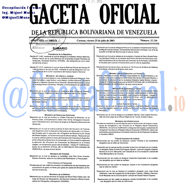 Gaceta Oficial 37739 del 25 Julio 2003