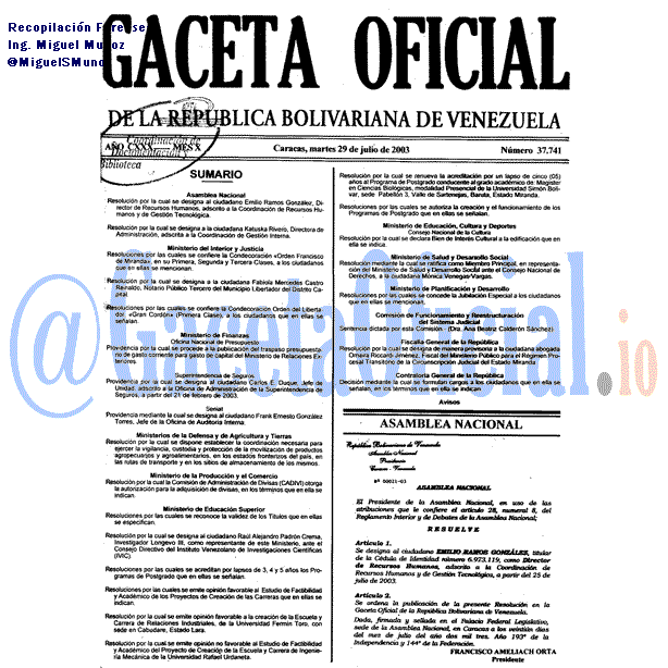 Gaceta Oficial 37741 del 29 Julio 2003
