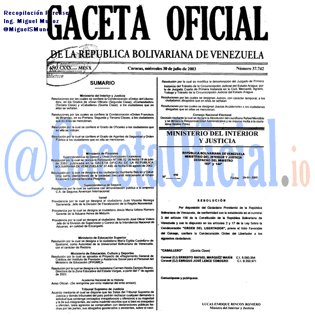 Gaceta Oficial 37742 del 30 Julio 2003