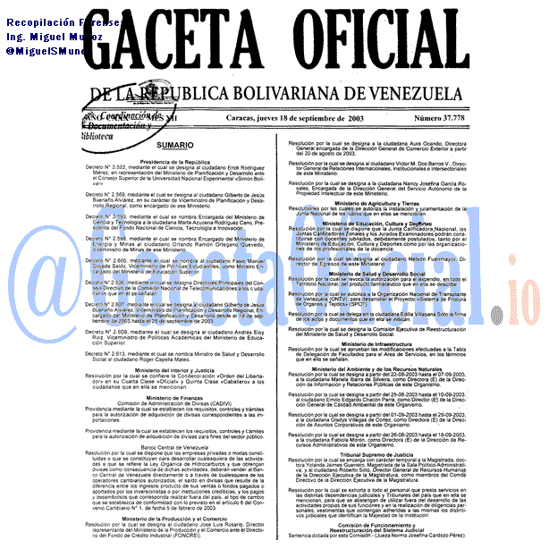 Gaceta Oficial 37778 del 18 Septiembre 2003