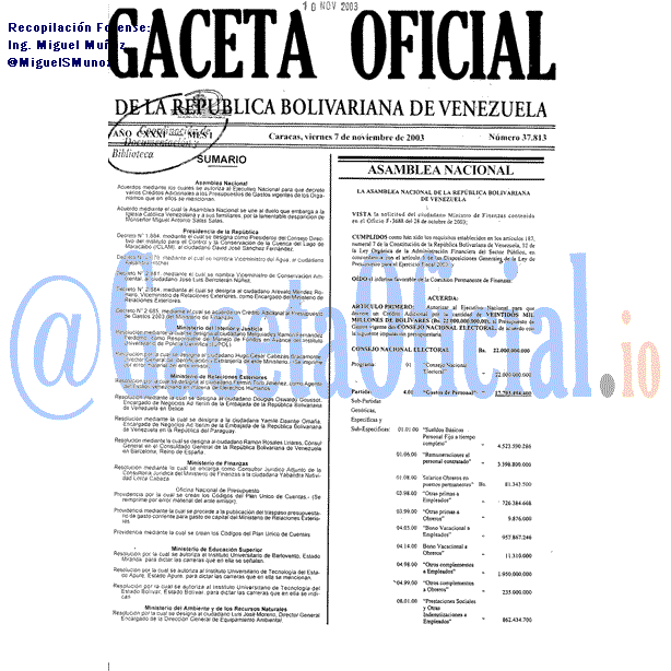 Gaceta Oficial 37813 del 7 Noviembre 2003