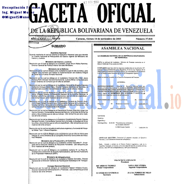 Gaceta Oficial 37818 del 14 Noviembre 2003