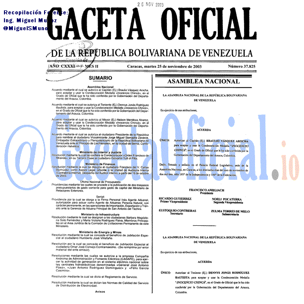 Gaceta Oficial 37825 del 25 Noviembre 2003