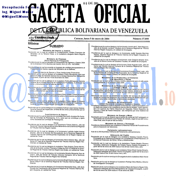 Gaceta Oficial 37850 del 5 Enero 2004