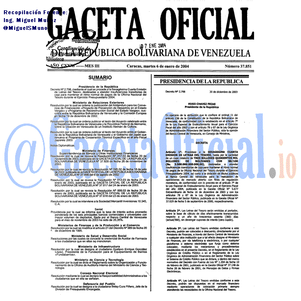 Gaceta Oficial 37851 del 6 Enero 2004