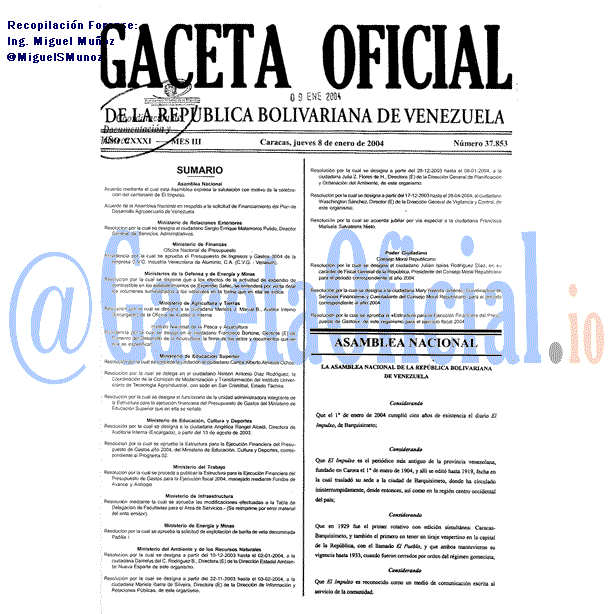 Gaceta Oficial 37853 del 8 Enero 2004