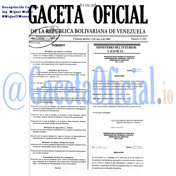 Gaceta Oficial 37856 del 13 Enero 2004
