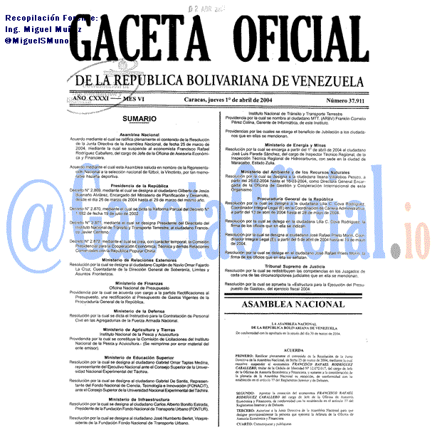 Gaceta Oficial 37911 del 1 Abril 2004