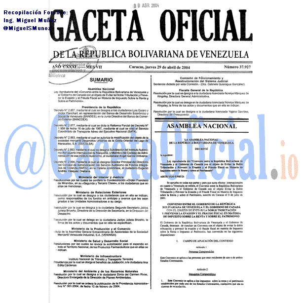 Gaceta Oficial 37927 del 29 Abril 2004