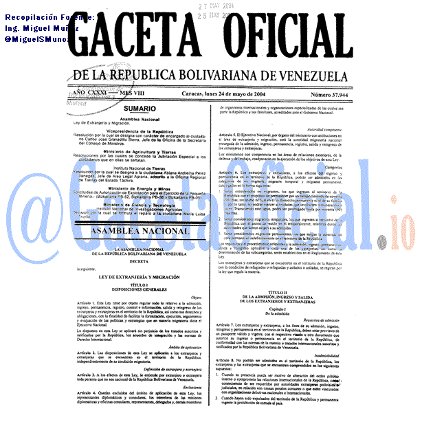 Gaceta Oficial 37944 del 24 Mayo 2004