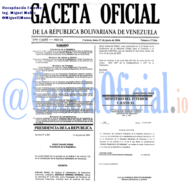 Gaceta Oficial 37964 del 21 Junio 2004