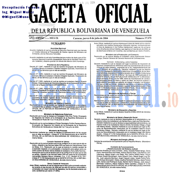Gaceta Oficial 37975 del 8 Julio 2004