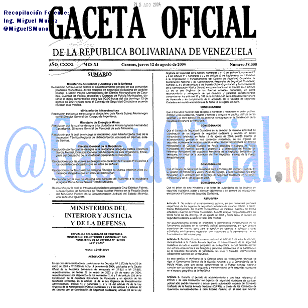 Gaceta Oficial 38000 del 12 Agosto 2004