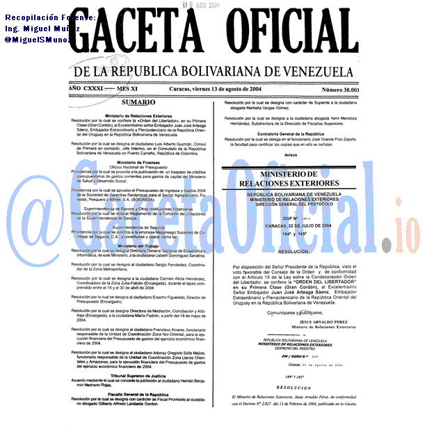 Gaceta Oficial 38001 del 13 Agosto 2004