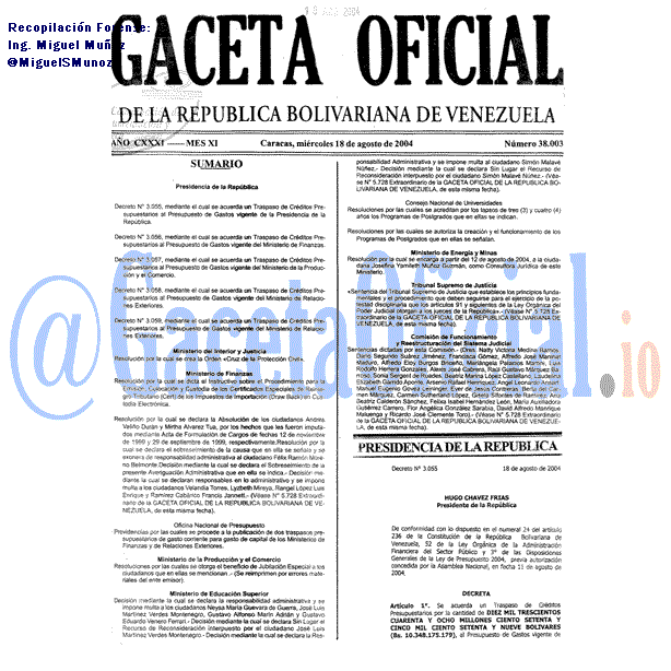 Gaceta Oficial 38003 del 18 Agosto 2004